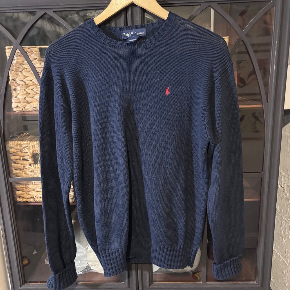Vintage 90s Ralph Lauren Polo Navy Cotton Knit Sweater Red Pony M